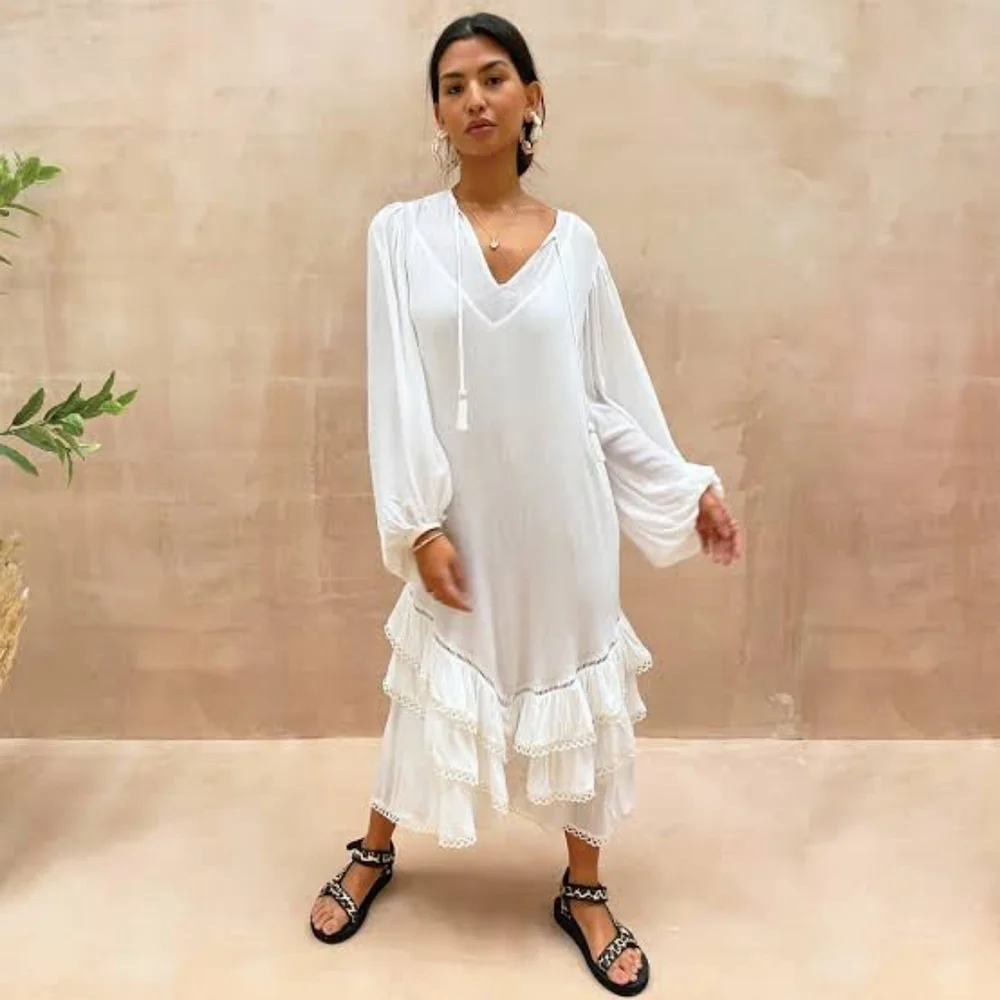 NEVER FULLY DRESSED White Harmony Long Sleeve Tiered Ruffle Maxi Dress NWT - Picture 1 of 16